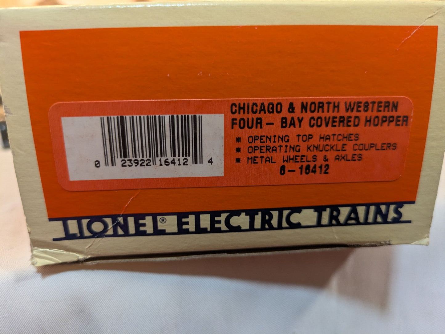 Original box end label and UPC for Lionel Chicago & North Western covered hopper 6-16412