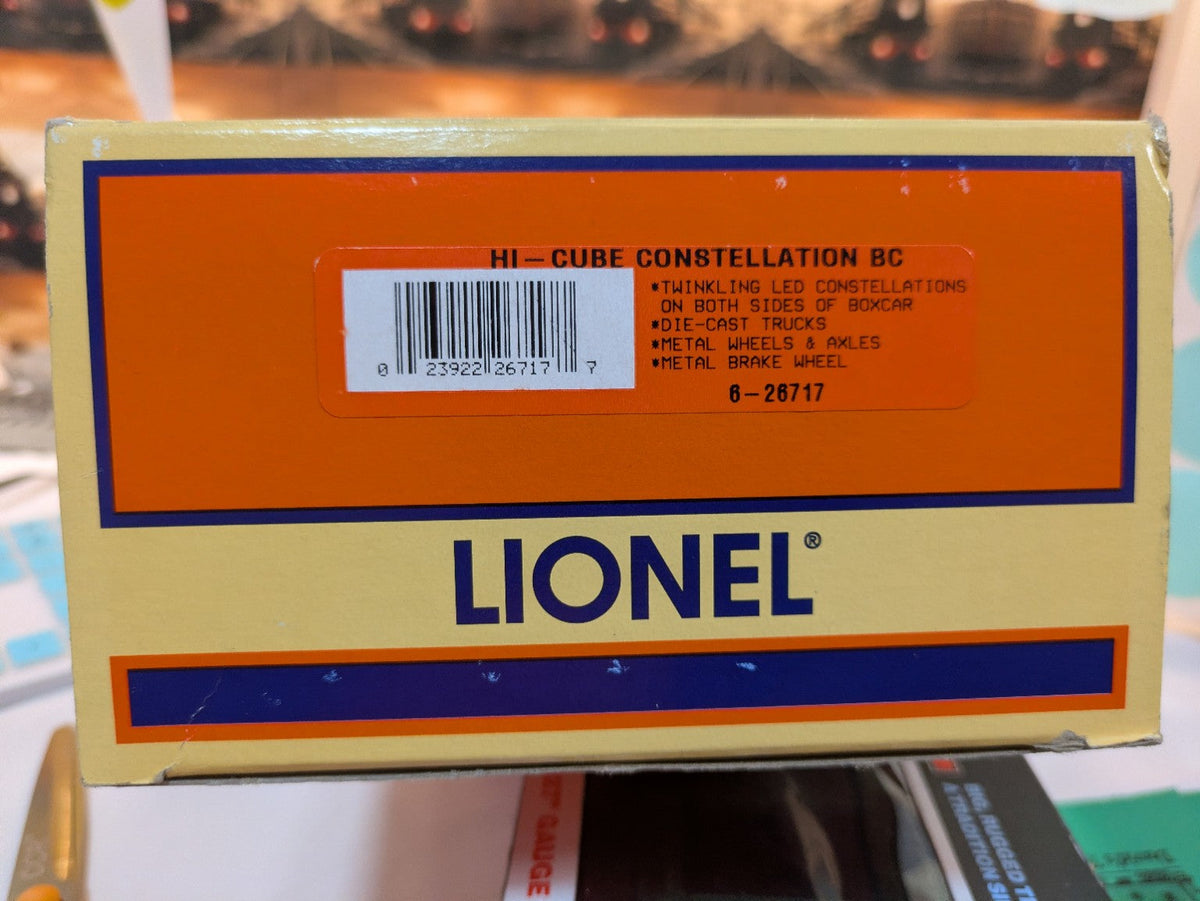 Lionel 6-26717 Lionel box end label showing HI-CUBE CONSTELLATION BC and catalog number 6-26717