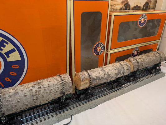 Lionel 6-29449 Weyerhaeuser Skeleton Log Car 3-Pack with cars 172, 173 and 174 displayed together