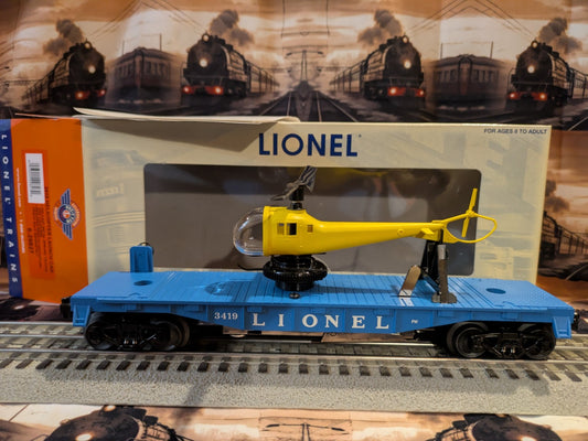 Lionel 6-29827 Helicopter Launch Car 3419 side view with blue flatcar and yellow helicopter