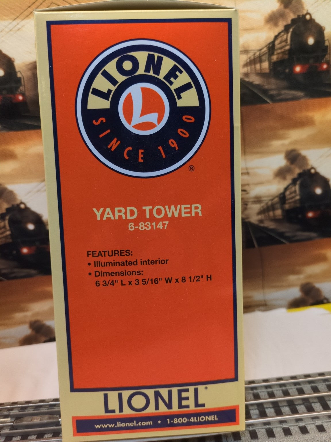 Lionel 6-83147 Yard Tower original box side panel showing product name, catalog number and dimensions