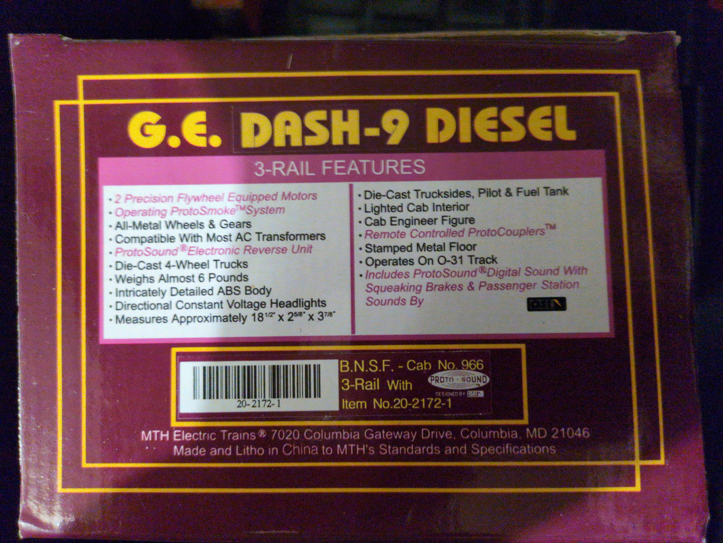 MTH dash 9 bnsf diesel locomotive 20-2172-1