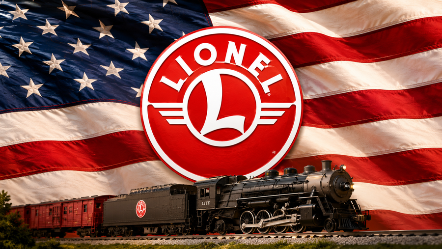 Lionel logo over American flag with model train