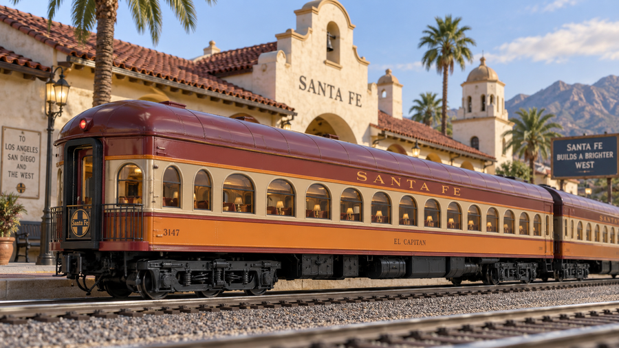 Mission Revival-inspired Santa Fe O gauge passenger car scene