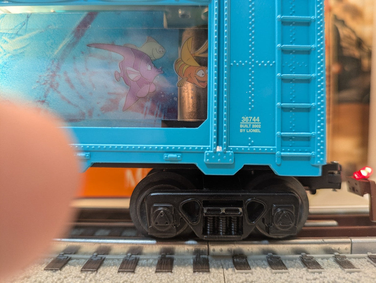 Lionel 6-36744 Little Mermaid Aquarium Car, close-up showing 36744 and Built 2002 by Lionel