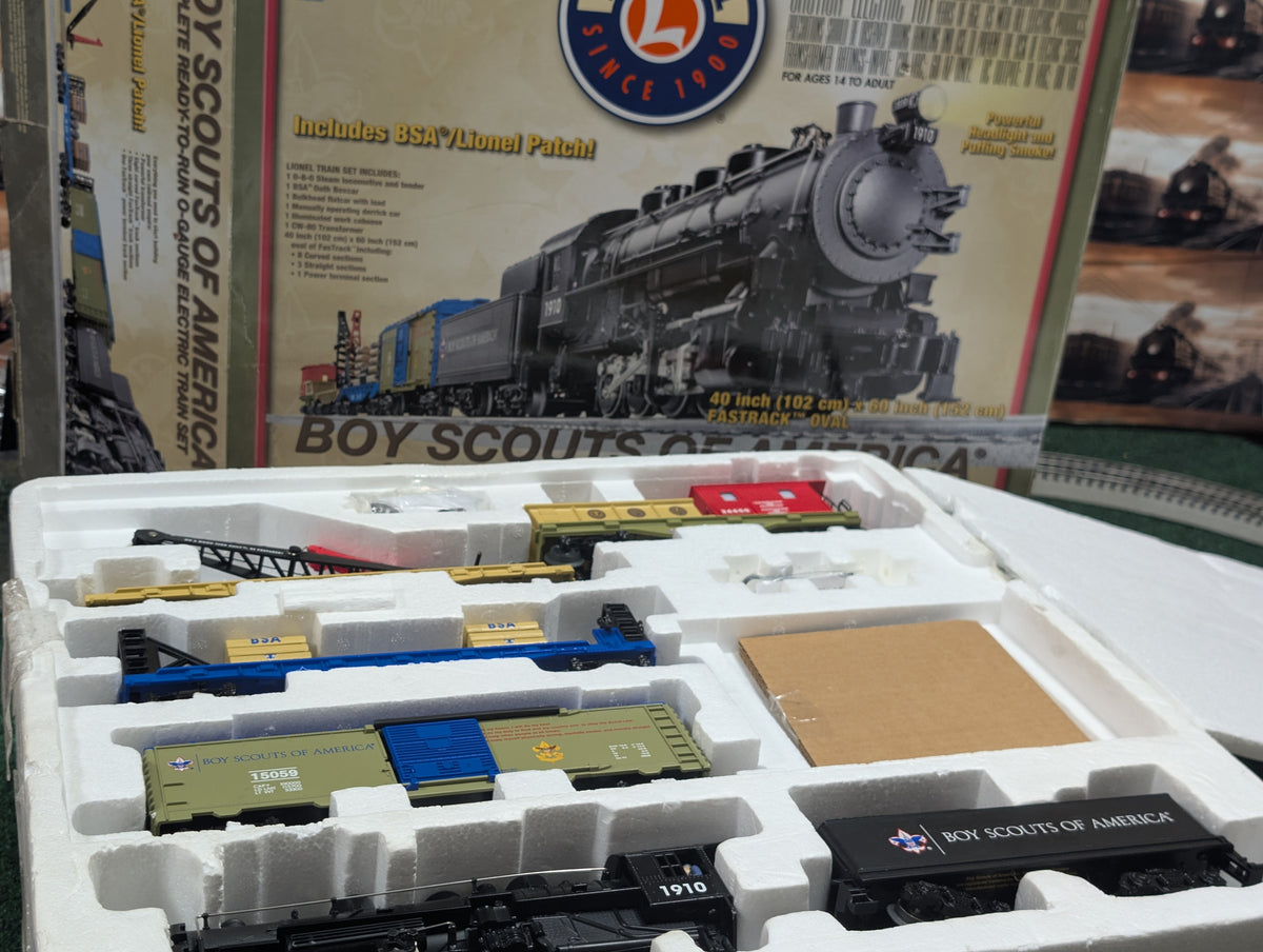 Lionel 6-30161 Boy Scouts of America train set components in original foam packaging tray