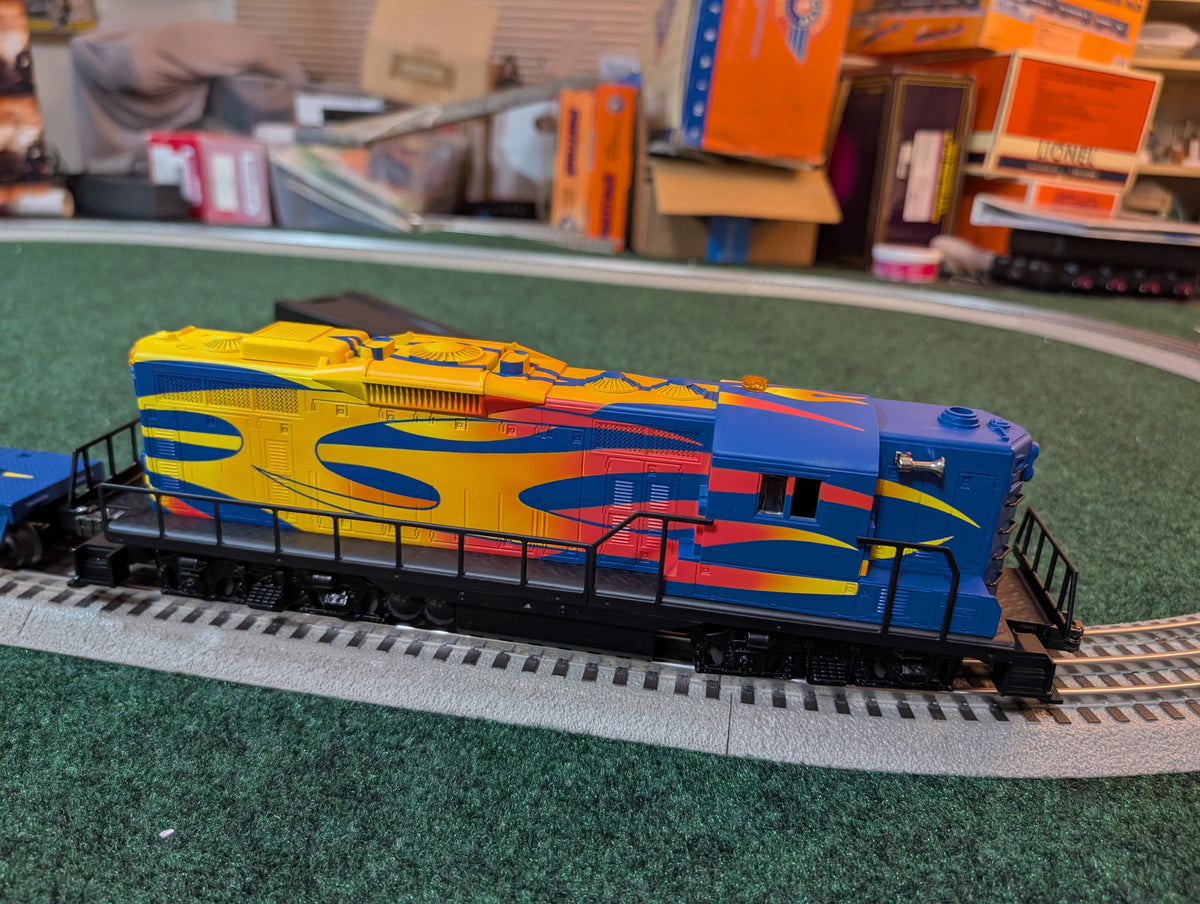 Lionel 6-18575 Custom Series 1 GP-9 diesel locomotive, blue and yellow flame side view
