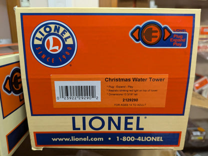 Lionel 2129290 Christmas Water Tower original box showing Plug-Expand-Play features