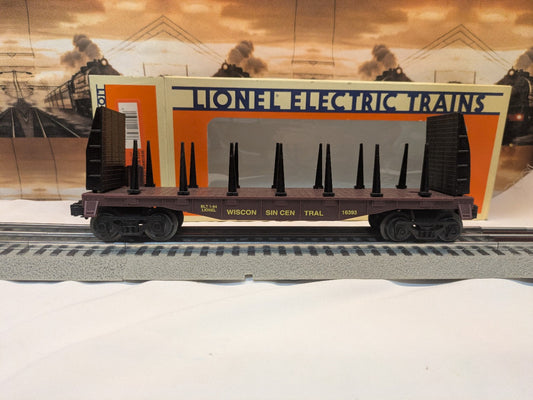 Lionel 6-16393 Wisconsin Central brown flatcar with black bulkheads and stakes, straight side view
