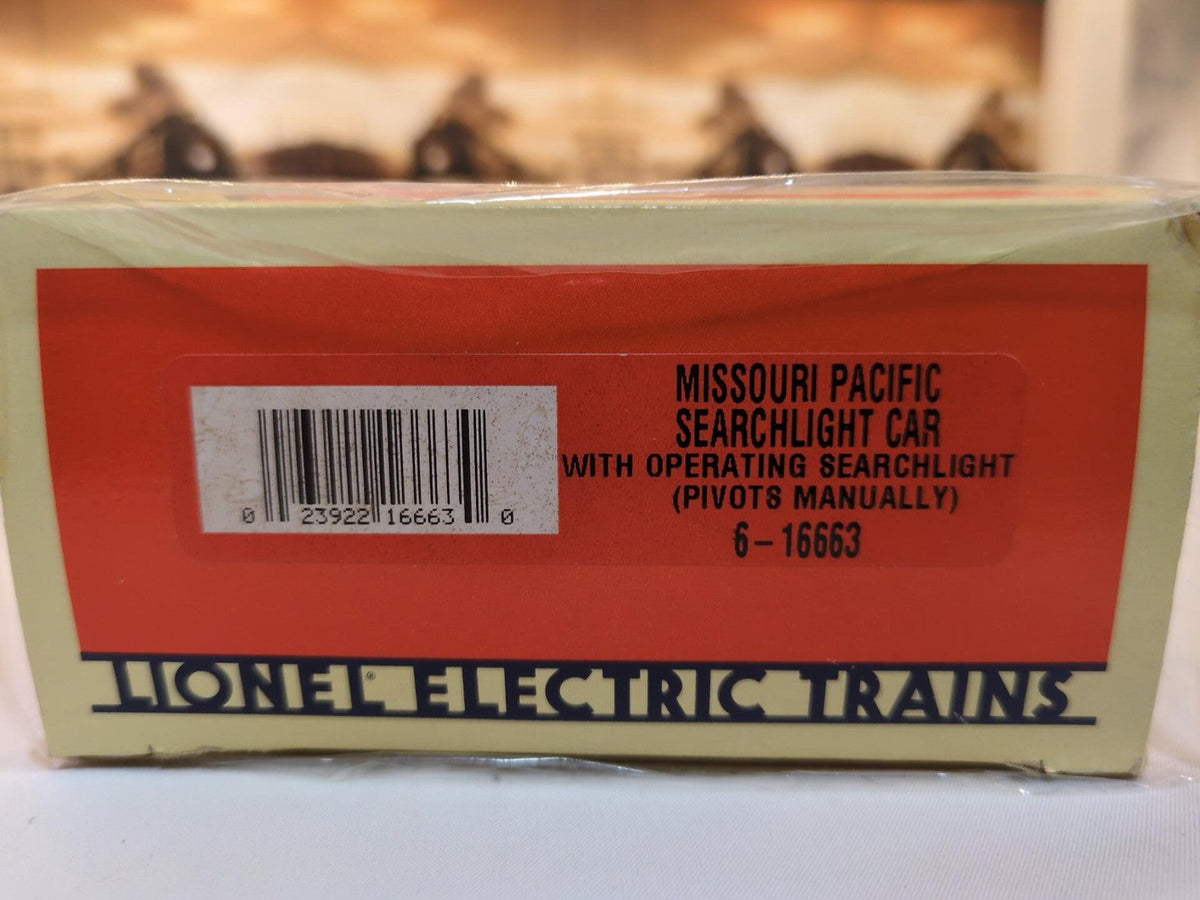 Lionel 6-16663 Missouri Pacific Searchlight Car box end label with catalog number and barcode