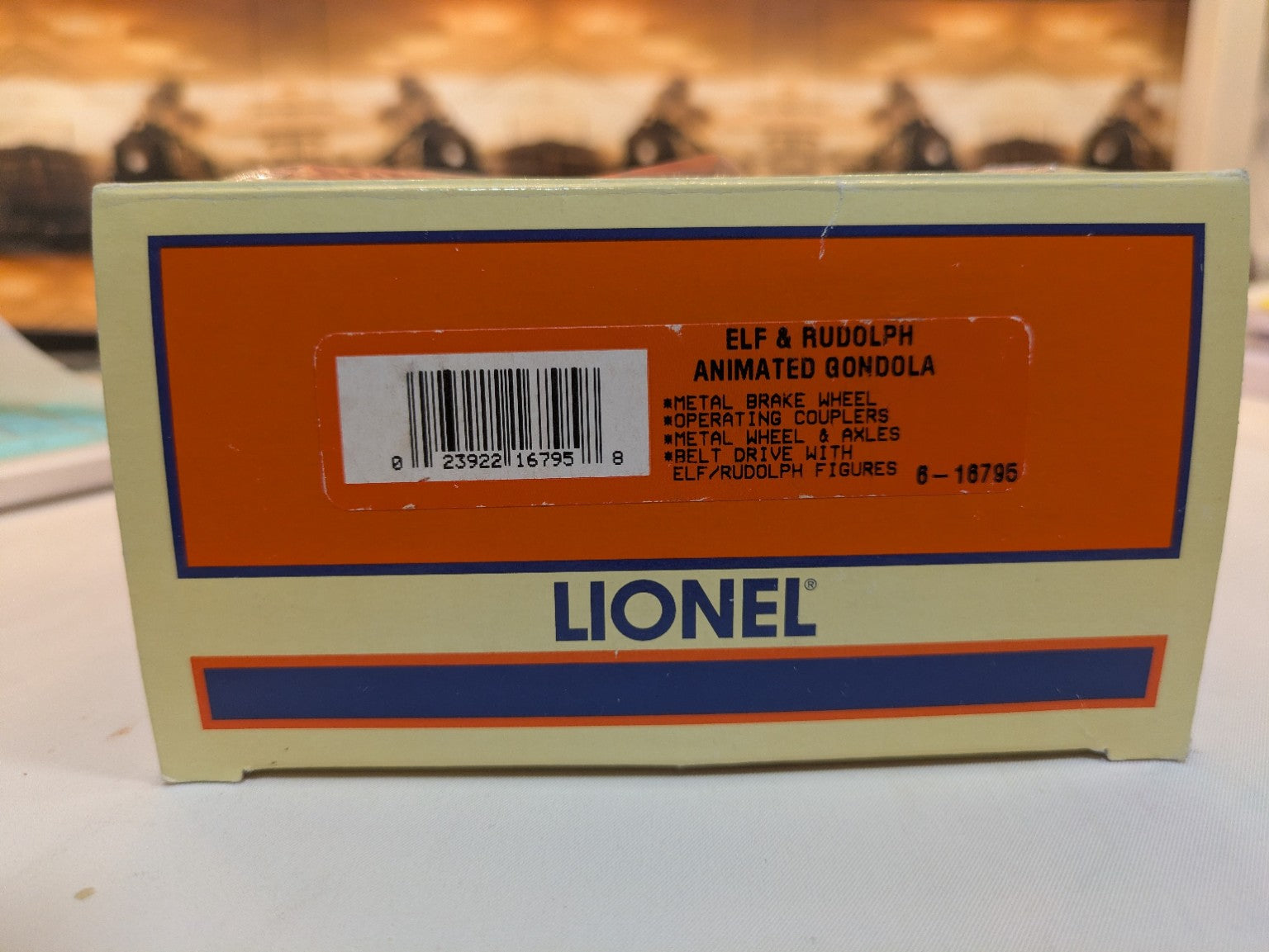 Lionel 6-16795 Elf and Rudolph Animated Gondola original box end label with UPC 023922167958