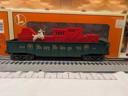 Lionel 6-16795 green Elf and Rudolph animated gondola broadside with red toy-load mechanism and original box