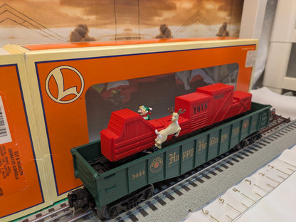 Lionel 6-16795 green Elf and Rudolph animated gondola three-quarter view with red toy-load mechanism and original box