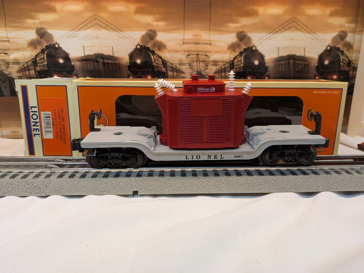 Lionel 6-16967 depressed-center flatcar with red transformer load, straight side view showing gray deck and Lionel 6461 marking