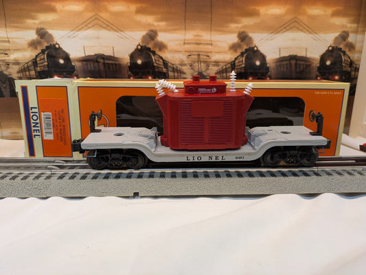 Lionel 6-16967 depressed-center flatcar with red transformer load, straight side view showing gray deck and Lionel 6461 marking