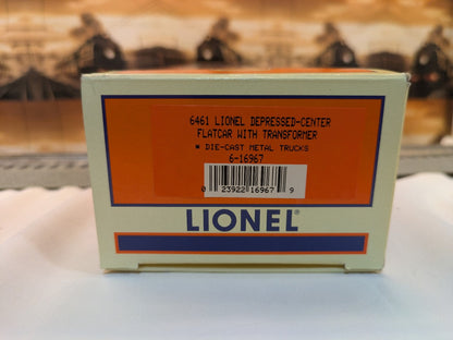Lionel 6-16967 box end label showing depressed-center flatcar with transformer and catalog number 6-16967
