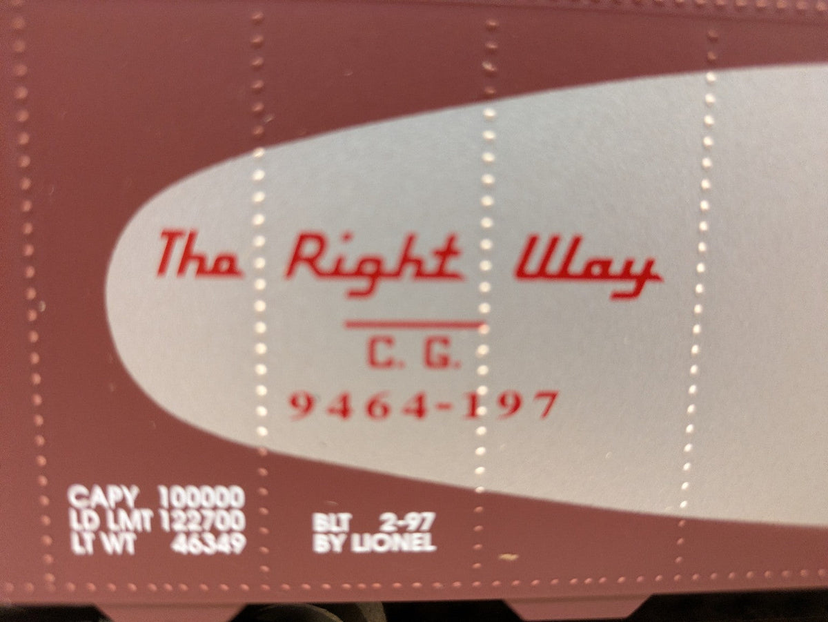 Lionel 6-17224 brown box car close-up showing C.G. road number 9464-197
