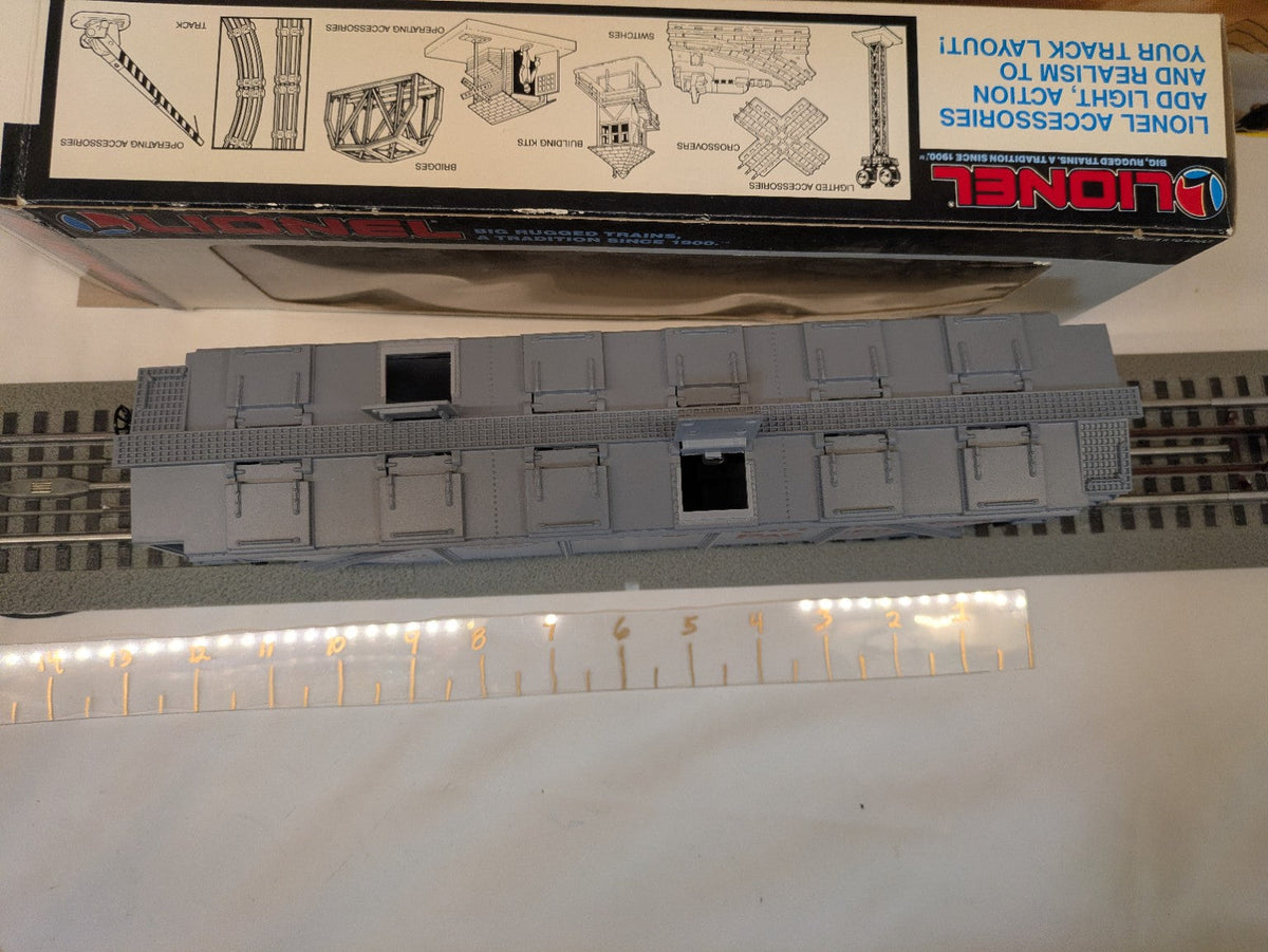 Lionel 6-19311 Southern Pacific gray covered hopper, top view showing roof hatches and open hatch covers