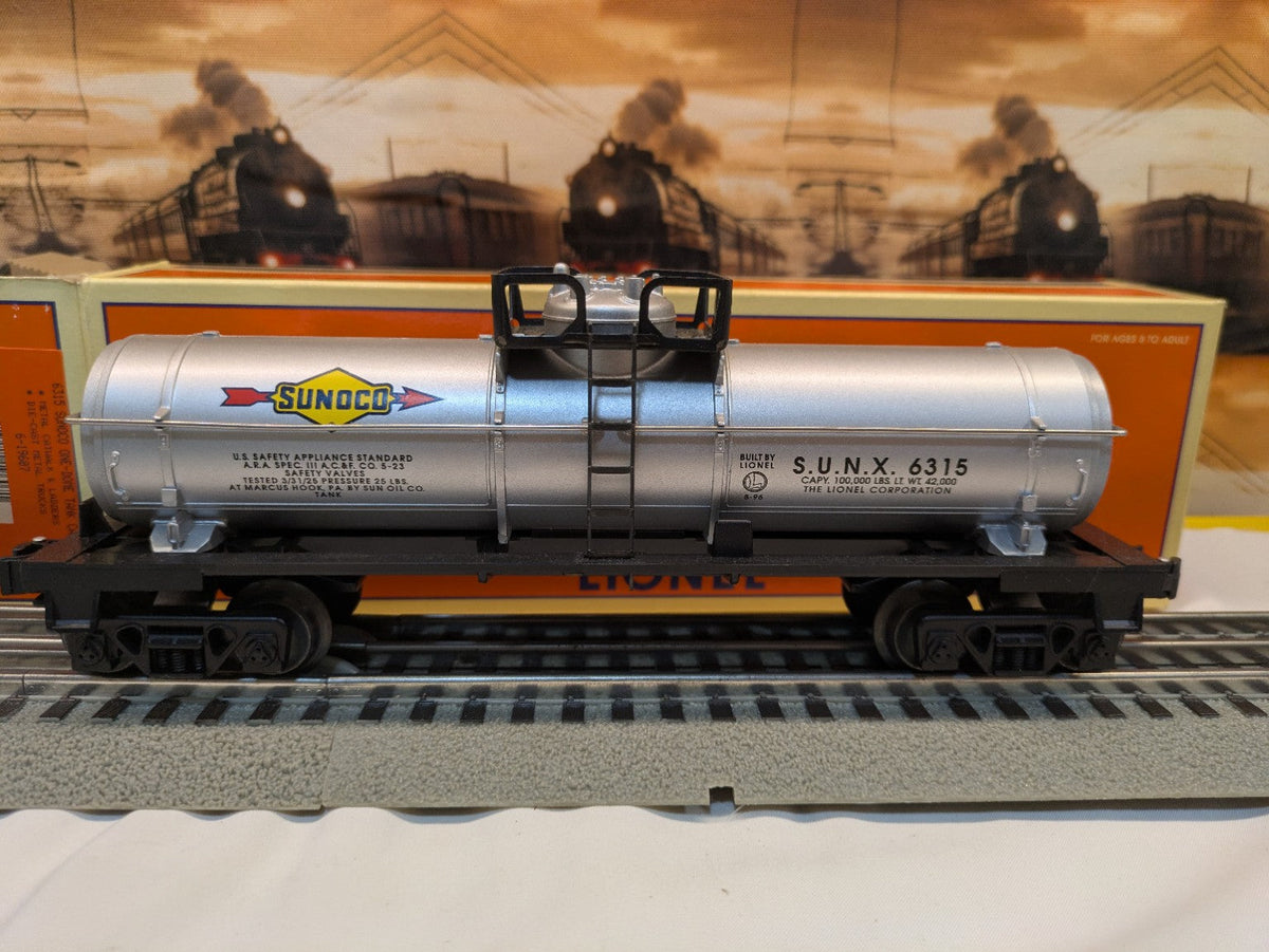 Lionel 6-19607 silver Sunoco one-dome tank car, broadside view