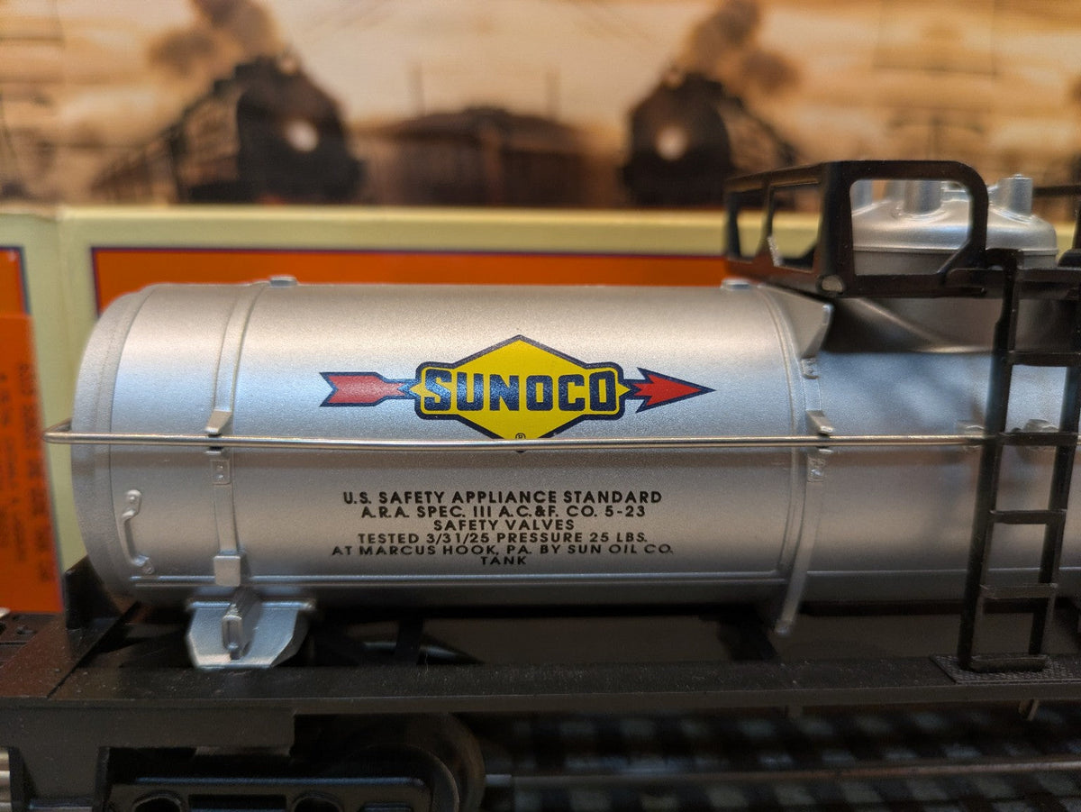 Lionel 6-19607 silver Sunoco tank car close-up showing Sunoco logo and side lettering