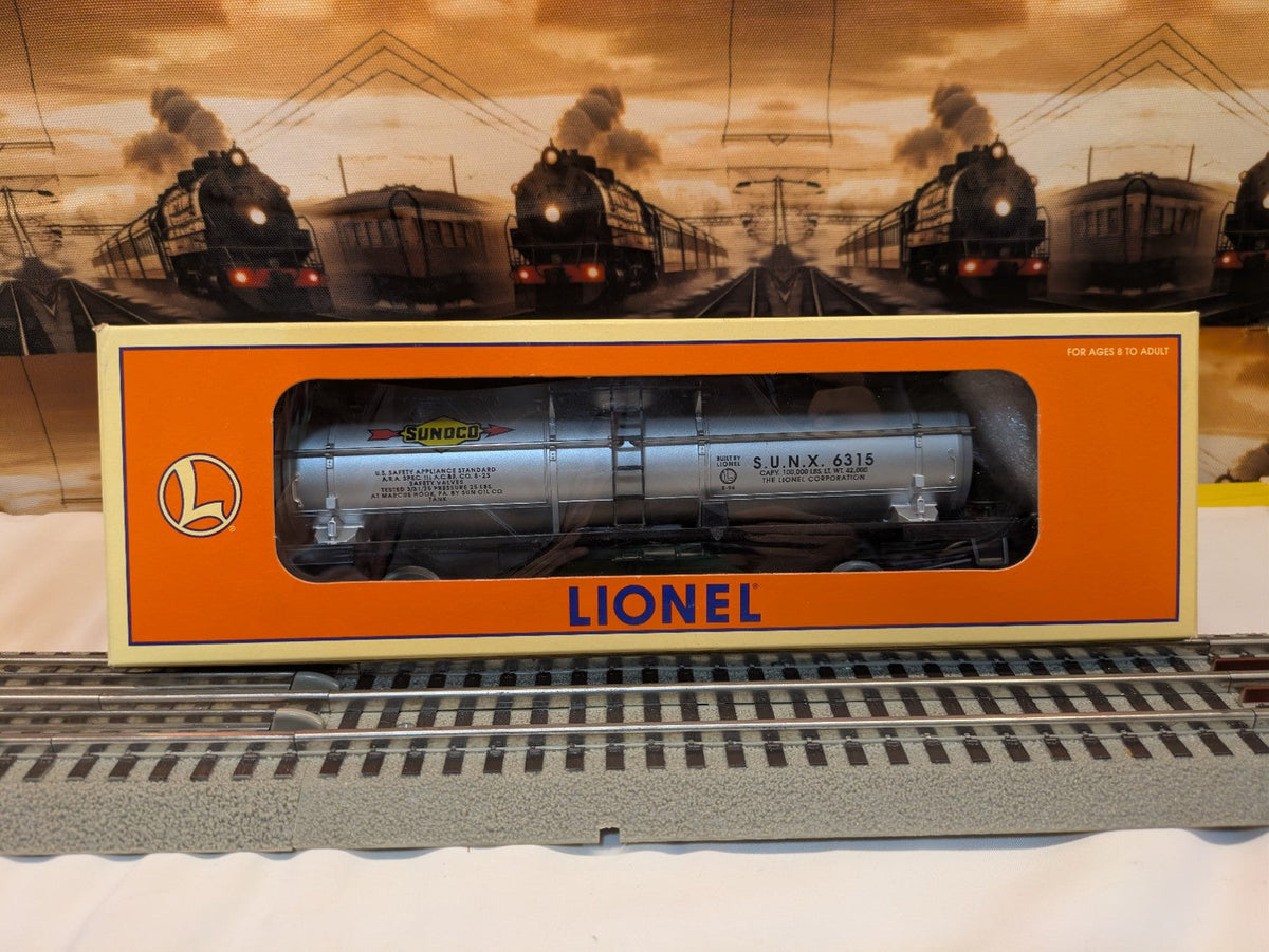 Lionel 6-19607 silver Sunoco one-dome tank car visible inside original Lionel box