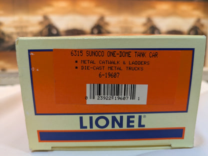 Lionel 6-19607 box end label showing 6315 Sunoco One-Dome Tank Car and catalog number