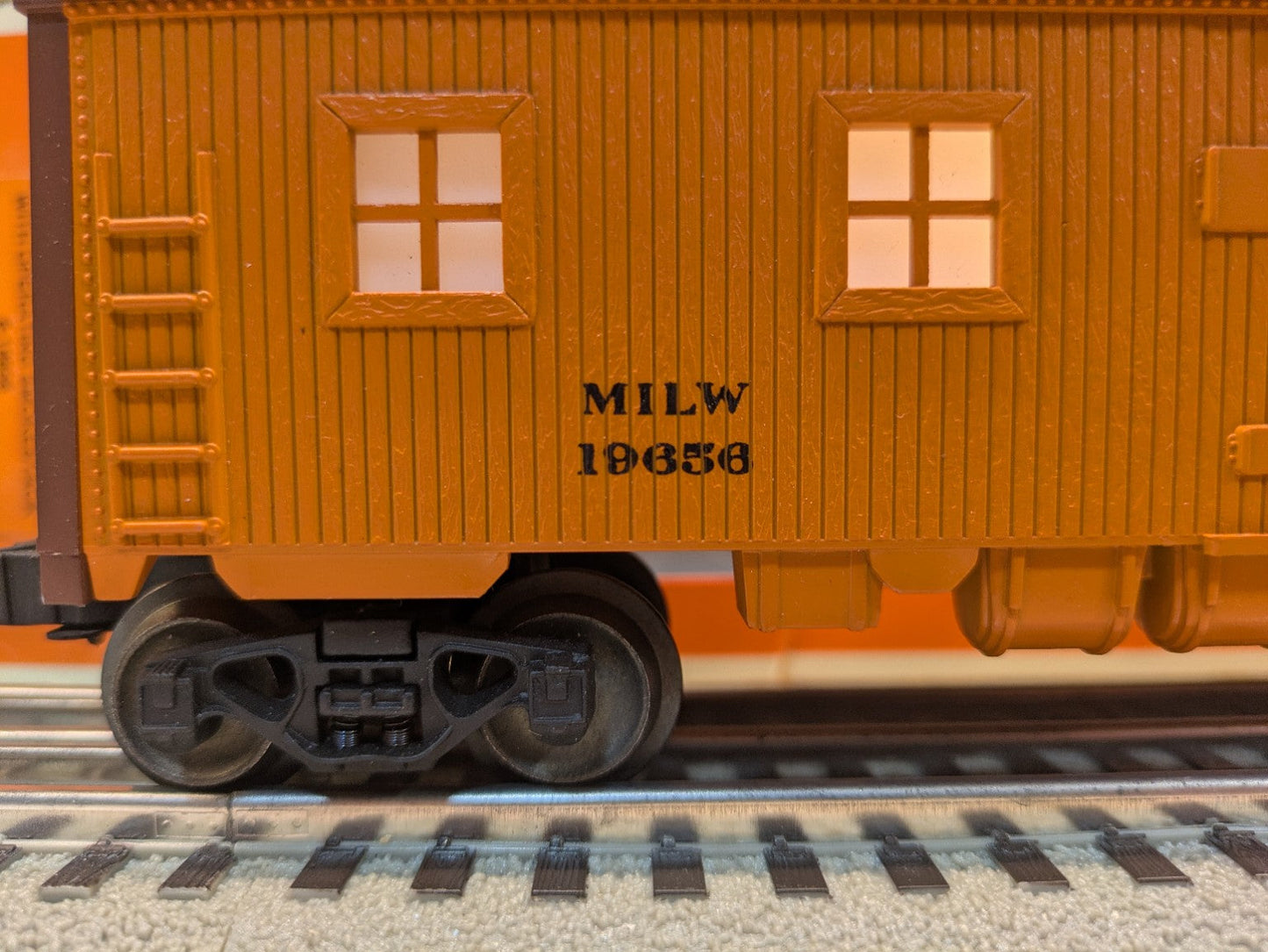 Lionel 6-19656 Milwaukee Road bunk car side close-up showing MILW 19656