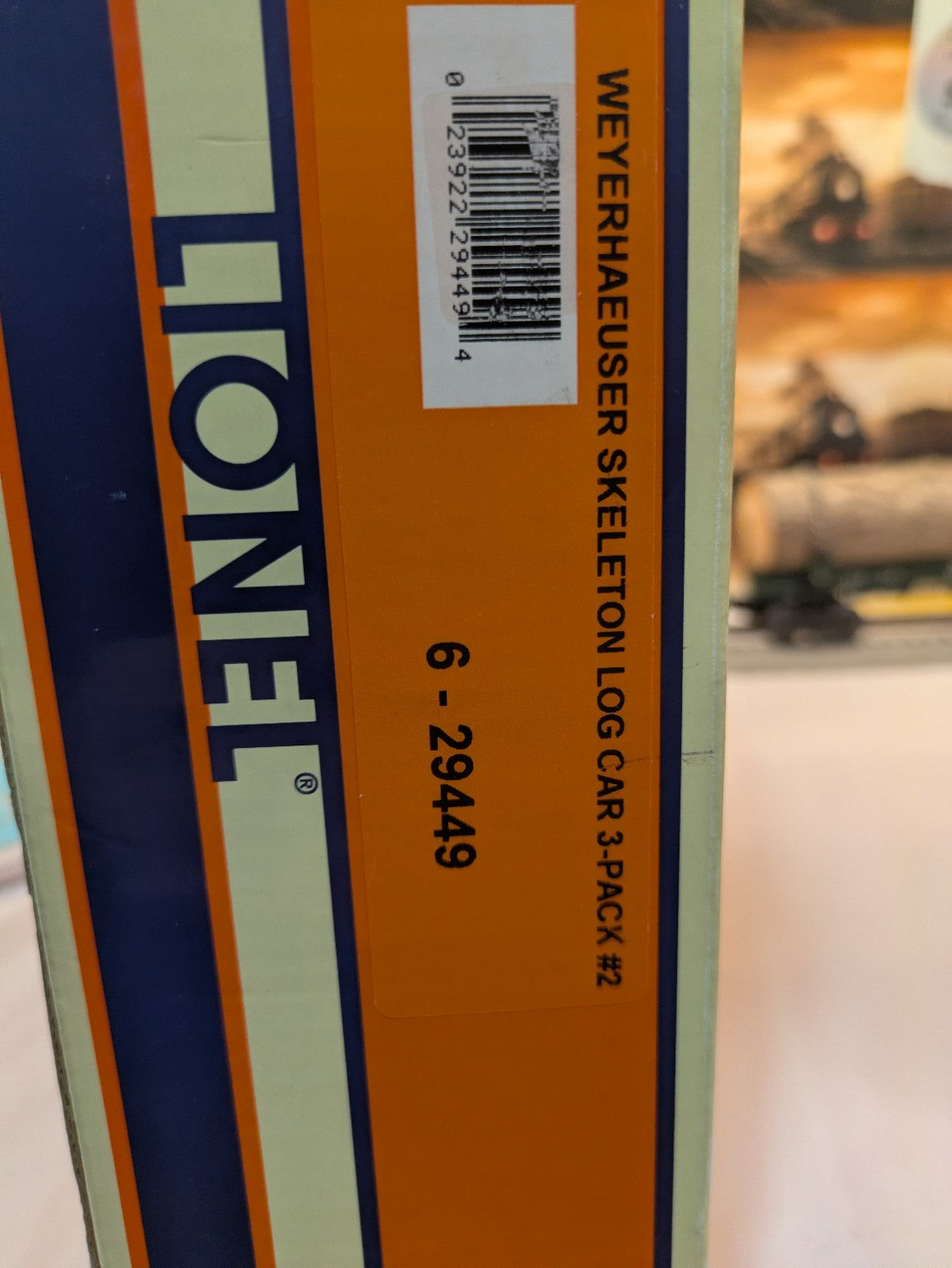 Lionel 6-29449 Weyerhaeuser Skeleton Log Car 3-Pack master case UPC label