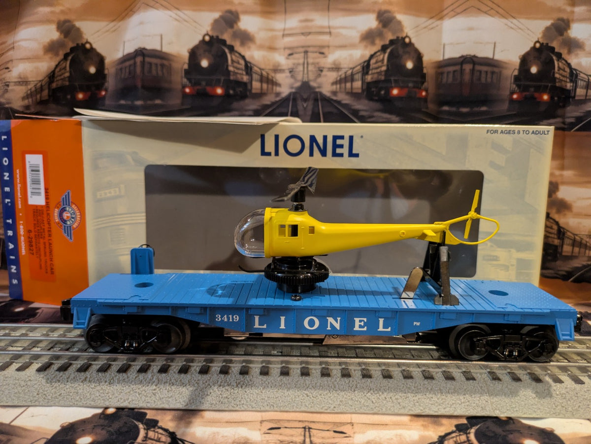 Lionel 6-29827 Helicopter Launch Car 3419 side view with blue flatcar and yellow helicopter