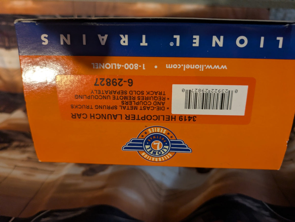 Lionel 6-29827 original box end showing 3419 Helicopter Launch Car and UPC