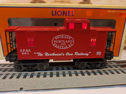 Lionel 6-36573 red SP&S 861 caboose full side view on track with Lionel box