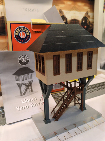 Lionel 6-83147 Yard Tower three-quarter view with tan tower, black roof, brown stairs, original box and instruction manual visible