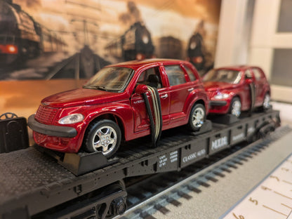 MTH 30-76039 black Auto Transportation flatcar with two red PT Cruisers, close three-quarter view