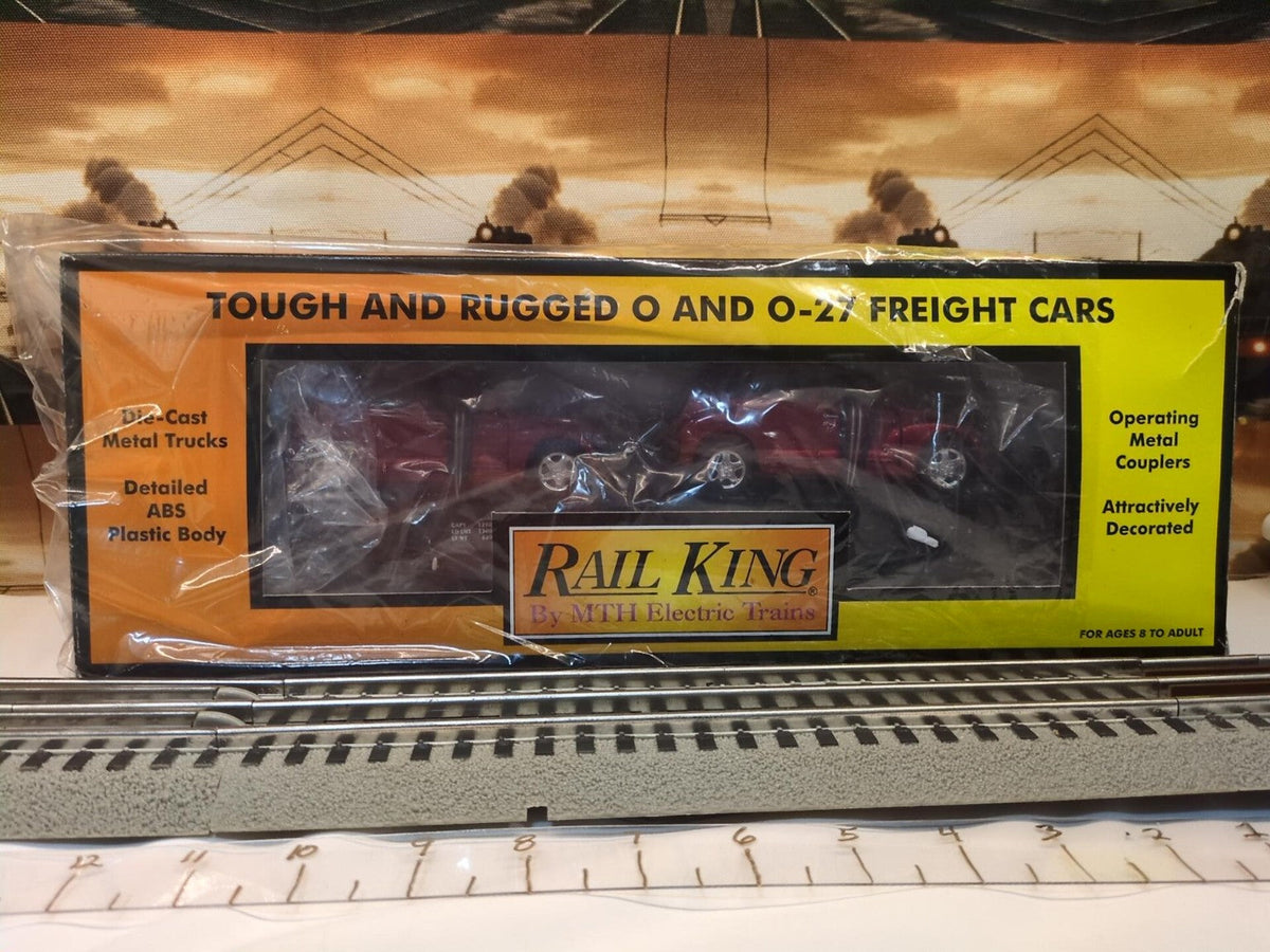 MTH 30-76039 RailKing packaging with Auto Transportation flatcar and two red PT Cruisers visible through the window