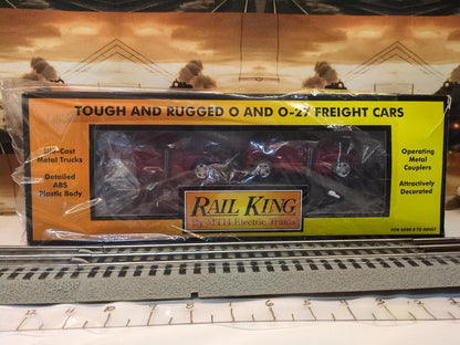 MTH 30-76039 RailKing packaging with Auto Transportation flatcar and two red PT Cruisers visible through the window