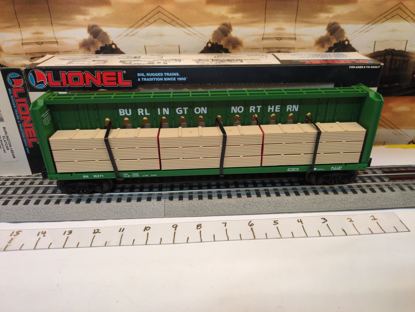 Lionel Burlington I-Beam Flatcar with Wood Load 6-16371