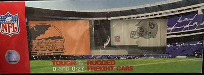 MTH Rail King 30-74265 Oakland Raiders boxcar, catalog broadside showing Raiders lettering and helmet graphic